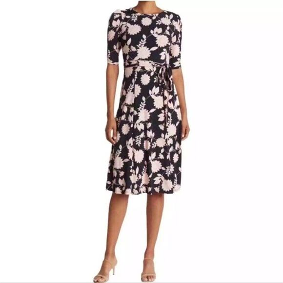 Eliza J Navy Blue Pink Floral Midi Dress 3/4 Sleeve Tie Waist NWT Womens Size 4 - Picture 1 of 9
